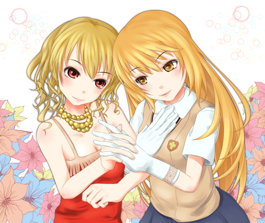 2girls alternate_eyebrows bare_arms bare_shoulders blonde_hair blue_flower breasts brown_eyes brown_sweater brown_sweater_vest brown_vest cleavage closed_mouth commentary_request dress elbow_gloves emblem flower gloves gokusai_kaibi grey_skirt hair_between_eyes hand_on_own_chest hands_up head_tilt highres holding_hands jewelry light_blush long_hair medium_breasts medium_hair mismatched_eyebrows multiple_girls orange_flower parted_lips pink_flower pleated_skirt red_dress red_eyes school_emblem school_uniform shin_(highest1192) shirt shokuhou_misaki short_sleeves skirt sleeveless sleeveless_dress sleeveless_sweater smile spider_web_print star_(symbol) summer_uniform sweater sweater_vest t-shirt toaru_majutsu_no_index tokiwadai_school_uniform upper_body vest white_gloves white_shirt yellow_flower