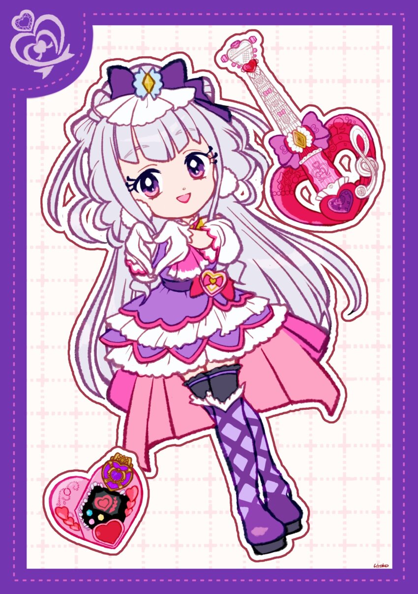 1girl ascot bag_bow black_thighhighs blunt_bangs boots border bow collared_dress crossed_legs cure_amour deformed dot_nose dotted_line dress dress_bow earrings electric_guitar eyelashes frilled_dress frilled_sleeves frills full_body gloves grid_background guitar hair_bow happy heart heart-shaped_bag heart_hands highres hugtto!_precure instrument jewelry lace-up_boots large_earrings lipstick long_hair looking_at_viewer magical_girl makeup mascara open_mouth outline pink_ascot pink_bag pink_bow platform_boots pom_pom_(clothes) pom_pom_earrings precure puffy_short_sleeves puffy_sleeves purple_boots purple_border purple_bow purple_dress purple_eyes purple_hair purple_sash red_bow red_lips ruru_amour sash short_dress short_sleeves signature smile solo standing thigh_boots thighhighs train_(clothing) uwded_207 very_long_hair waist_bag waist_sash white_background white_gloves white_outline white_sleeves zettai_ryouiki