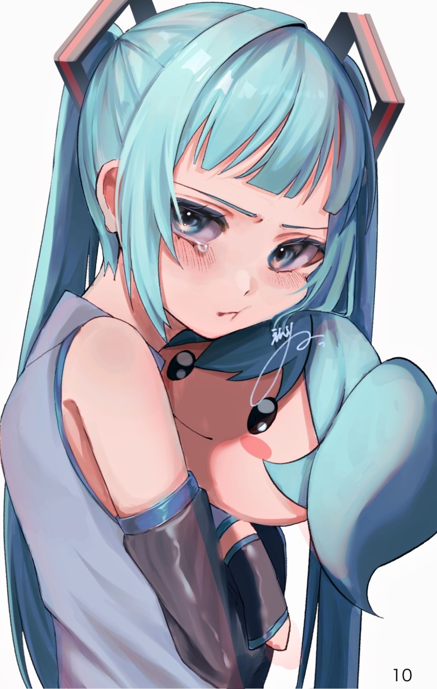1girl :t alternate_hairstyle aqua_eyes aqua_hair bare_shoulders black_sleeves blue_trim blunt_bangs blush blush_stickers character_doll check_commentary closed_mouth commentary commentary_request detached_sleeves frown grey_shirt hair_intakes hair_ornament hatsune_miku highres hugging_doll hugging_object long_hair looking_at_viewer nn_ennu shirt sidelocks signature simple_background sleeveless sleeveless_shirt solo tearing_up twintails upper_body vocaloid white_background