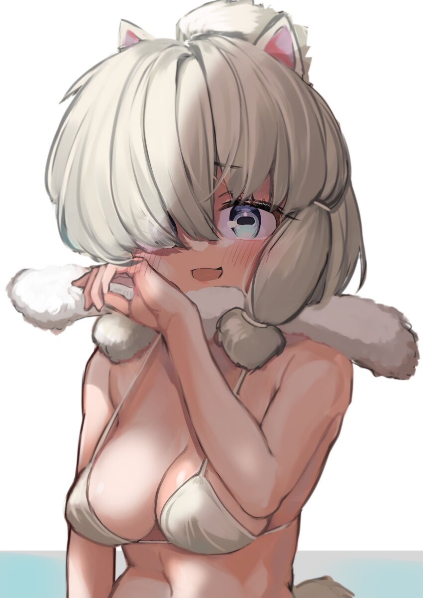 1girl a888_n22 absurdres alpaca_ears alpaca_girl alpaca_suri_(kemono_friends) alternate_costume animal_ears bare_arms bare_shoulders bikini blue_eyes blush hair_bun hair_over_one_eye hair_tubes highres kemono_friends looking_at_viewer midriff navel open_mouth short_hair sleeveless smile solo spaghetti_strap swimsuit upper_body white_bikini white_hair