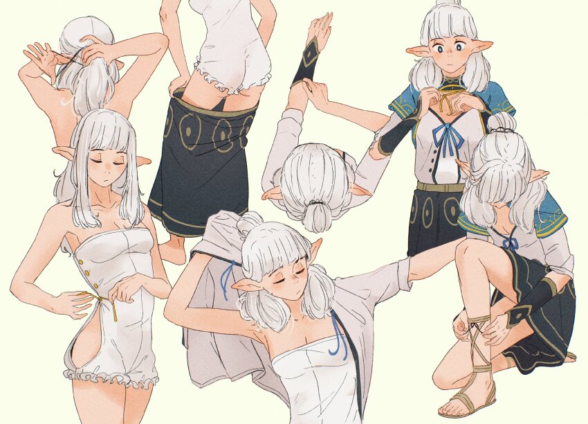 1girl asimov_(spindle_(aidenr0)) ass black_eyes black_skirt blue_capelet capelet closed_eyes closed_mouth commentary cowboy_shot cross-laced_sandals dress dressing english_commentary feet frilled_dress frills from_above from_behind full_body gloves hair_bun head_out_of_frame highres legs long_hair multiple_views off-shoulder_dress off_shoulder on_one_knee original pointy_ears sandals shirt simple_background single_hair_bun skirt spindle_(aidenr0) standing toenails toes tying_footwear tying_hair upper_body white_background white_dress white_hair white_shirt yellow_trim