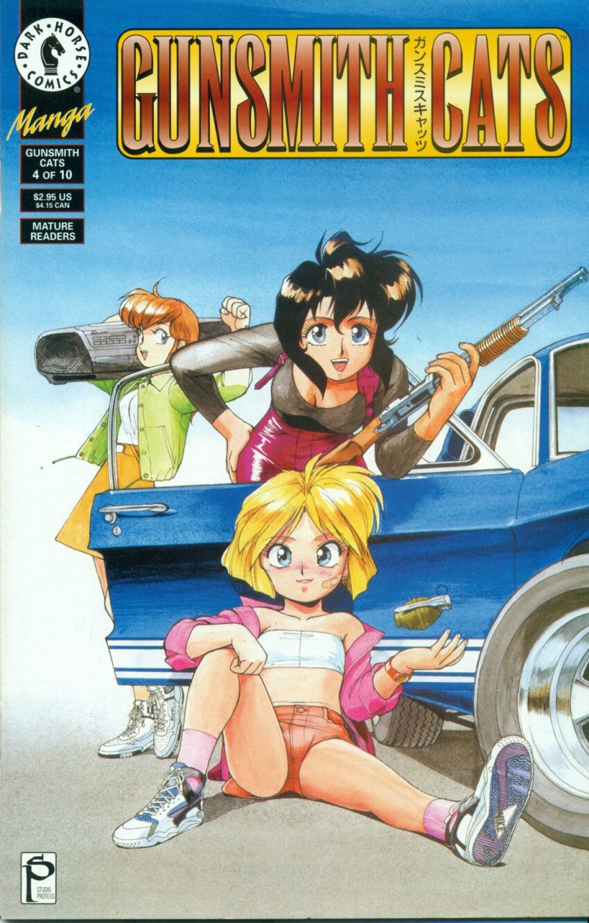 1990s_(style) 3girls :d bandaid bandaid_on_cheek bandaid_on_face bandeau bare_shoulders bent_over black_eyes black_hair black_shirt blonde_hair blue_eyes blue_sky blush bob_cut boombox breasts brown_hair car carrying chest_harness cleavage closed_mouth collarbone copyright_name cover cover_page dark-skinned_female dark_skin english_text explosive eyelashes fist_pump ford ford_mustang ford_mustang_(1st_generation) from_side green_eyes green_jacket grenade gun gunsmith_cats hair_between_eyes hand_on_own_hip hand_on_own_knee harness highres holding holding_boombox holding_gun holding_weapon inverted_bob jacket knee_up light_smile looking_at_viewer looking_to_the_side manga_cover medium_breasts midriff minnie_may_hopkins misty_brown mossberg_500 motor_vehicle multiple_girls muscle_car non-web_source nose_blush off_shoulder official_art on_ground open_clothes open_door open_jacket open_mouth outdoors parted_bangs pink_jacket pink_socks pump_action rally_vincent red_shorts red_skirt retro_artstyle scan scoop_neck shelby_gt500 shiny_clothes shirt shoes short_hair short_shorts shorts shotgun shoulder_carry sidelocks sitting skirt sky small_breasts smile sneakers socks sonoda_ken&#039;ichi spread_legs standing strapless teeth through_window throwing tube_top upper_teeth_only watch weapon white_bandeau white_footwear white_shirt wristwatch yellow_skirt