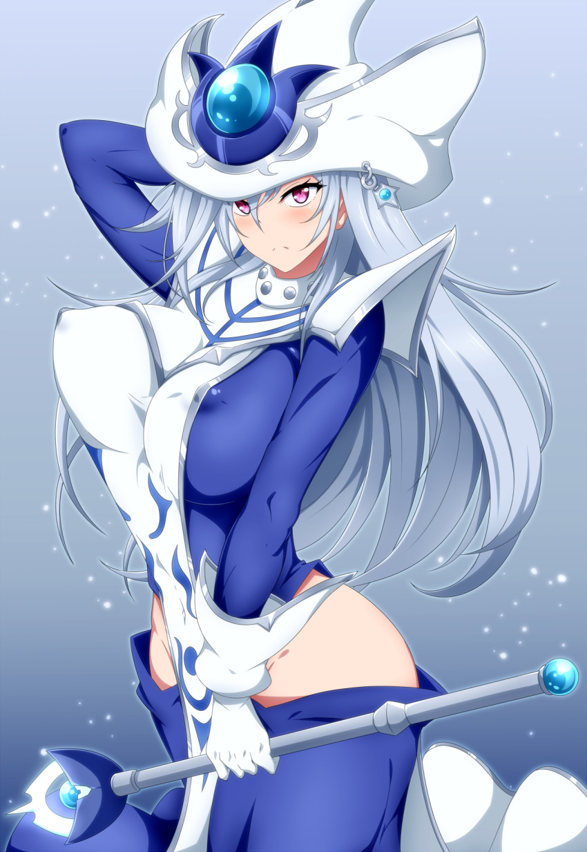 1girl blue_dress breasts covered_erect_nipples danpu dress duel_monster gloves grey_hair hand_on_headwear hat highres hip_vent holding holding_staff large_breasts long_hair purple_eyes silent_magician staff tabard white_gloves white_hat white_tabard wizard_hat yu-gi-oh!