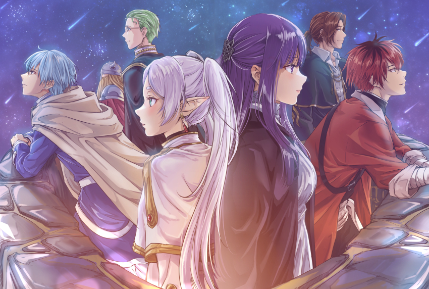 2girls 5boys absurdres black_coat black_jacket blue_eyes blue_hair brown_hair cape closed_mouth coat dress earrings eisen_(sousou_no_frieren) elbow_rest elf fern_(sousou_no_frieren) frieren from_side glasses green_hair grey_cape hair_ornament heiter helmet highres himmel_(sousou_no_frieren) jacket jewelry kirin_13 long_hair long_sleeves multiple_boys multiple_girls pointy_ears ponytail profile purple_eyes purple_hair red_cape red_hair red_jacket shooting_star short_hair sousou_no_frieren standing stark_(sousou_no_frieren) twintails white_dress white_hair