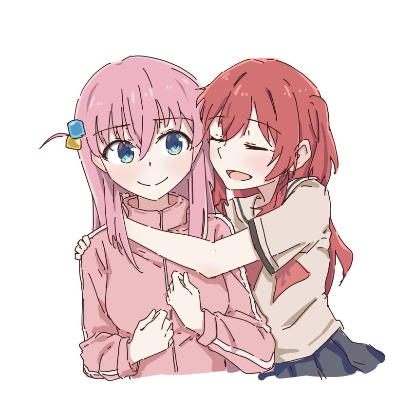 2girls blue_eyes bocchi_the_rock! bow brown_jacket closed_eyes cube_hair_ornament gotoh_hitori grey_skirt hair_between_eyes hair_ornament hand_on_another&#039;s_shoulder highres homu_(homuplush) hug jacket kita_ikuyo long_hair long_sleeves multiple_girls one_side_up pink_hair pink_jacket pink_track_suit pleated_skirt red_bow red_hair school_uniform side_ponytail simple_background skirt smile track_jacket track_suit upper_body white_background yuri
