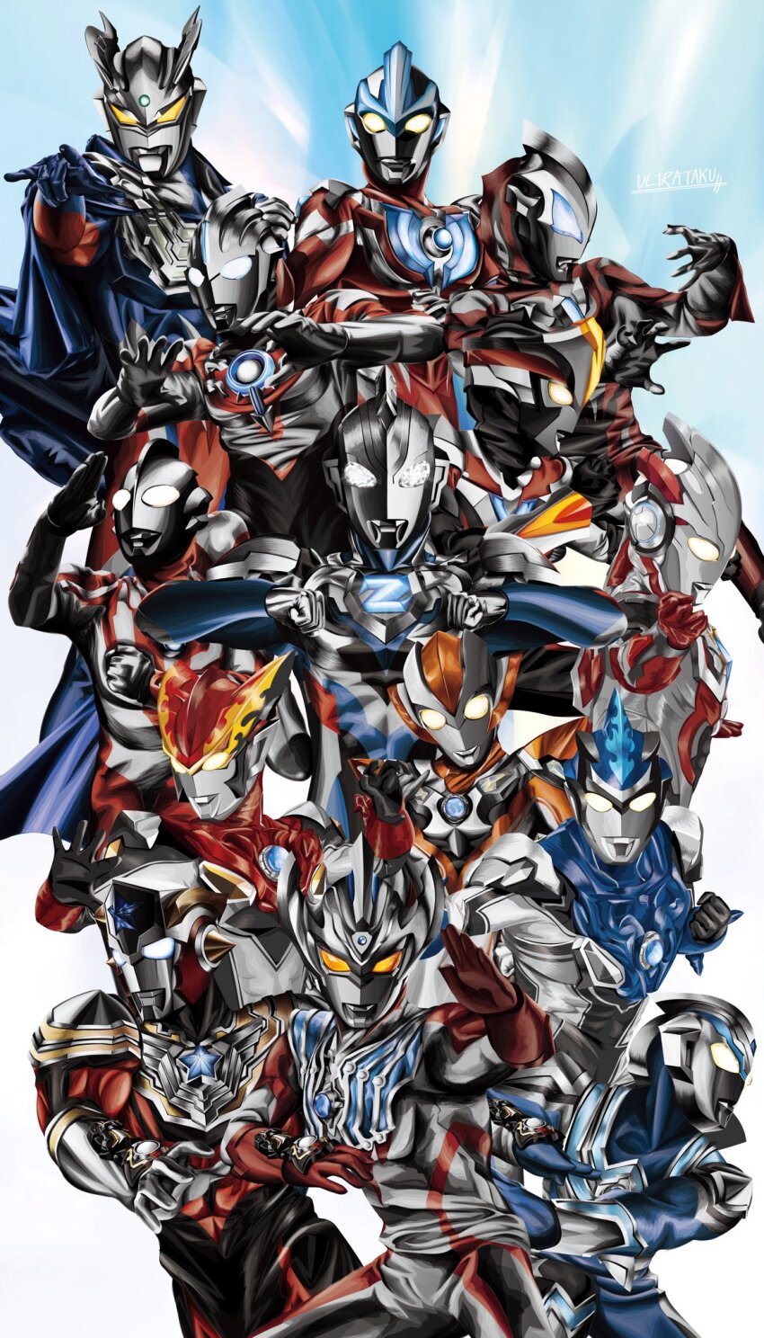 1girl 6+boys \m/ abs alien annotated armor artist_name black_skin blue_background blue_cape blue_eyes blue_skin breastplate cape clenched_hands color_timer colored_skin commentary compound_eyes cowboy_shot cropped_legs dorsal_fin everyone eye_slugger fighting_stance forehead_jewel glowing glowing_eyes gradient_background hands_up highres horns in-franchise_crossover multicolored_skin multiple_boys muscular muscular_male no_pupils open_hands pectorals red_skin shoulder_armor signature silver_skin standing taiga_spark tokusatsu two-tone_background ultra_galaxy_(series) ultra_series ultraman_blu ultraman_fuma ultraman_geed ultraman_geed_(series) ultraman_ginga ultraman_ginga_(series) ultraman_ginga_s ultraman_orb ultraman_orb_(series) ultraman_r/b ultraman_ribut ultraman_rosso ultraman_taiga ultraman_taiga_(series) ultraman_titas ultraman_victory ultraman_x ultraman_x_(series) ultraman_z ultraman_z_(series) ultraman_zero ultrataku ultrawoman_grigio vambraces white_background white_eyes wrinkled_skin wrist_blades yellow_eyes