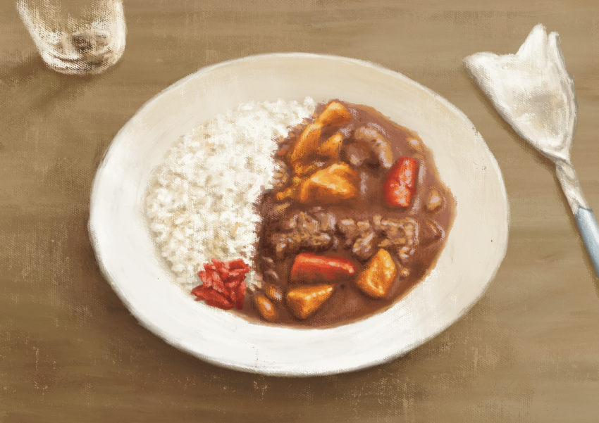 commentary_request cup curry curry_rice drinking_glass food food_focus meal meat napkin no_humans original plate realistic rice sadajiro table utensil water wooden_table