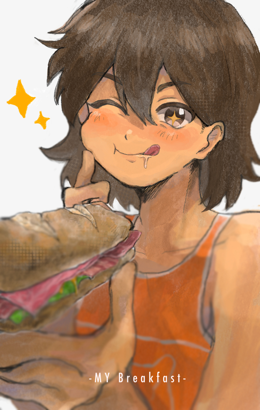 +_+ 1boy ;q absurdres bacon bare_arms bare_shoulders blurry blurry_foreground bread brown_eyes brown_hair commentary_request dark-skinned_male dark_skin double-parted_bangs english_text film_grain finger_to_cheek food hair_behind_ear hair_between_eyes hands_up highres holding holding_food kel_(faraway)_(omori) kel_(omori) lettuce looking_at_viewer male_focus nat_omogu omori one_eye_closed orange_tank_top saliva sandwich short_hair simple_background solo tank_top tongue tongue_out upper_body white_background yellow_pupils