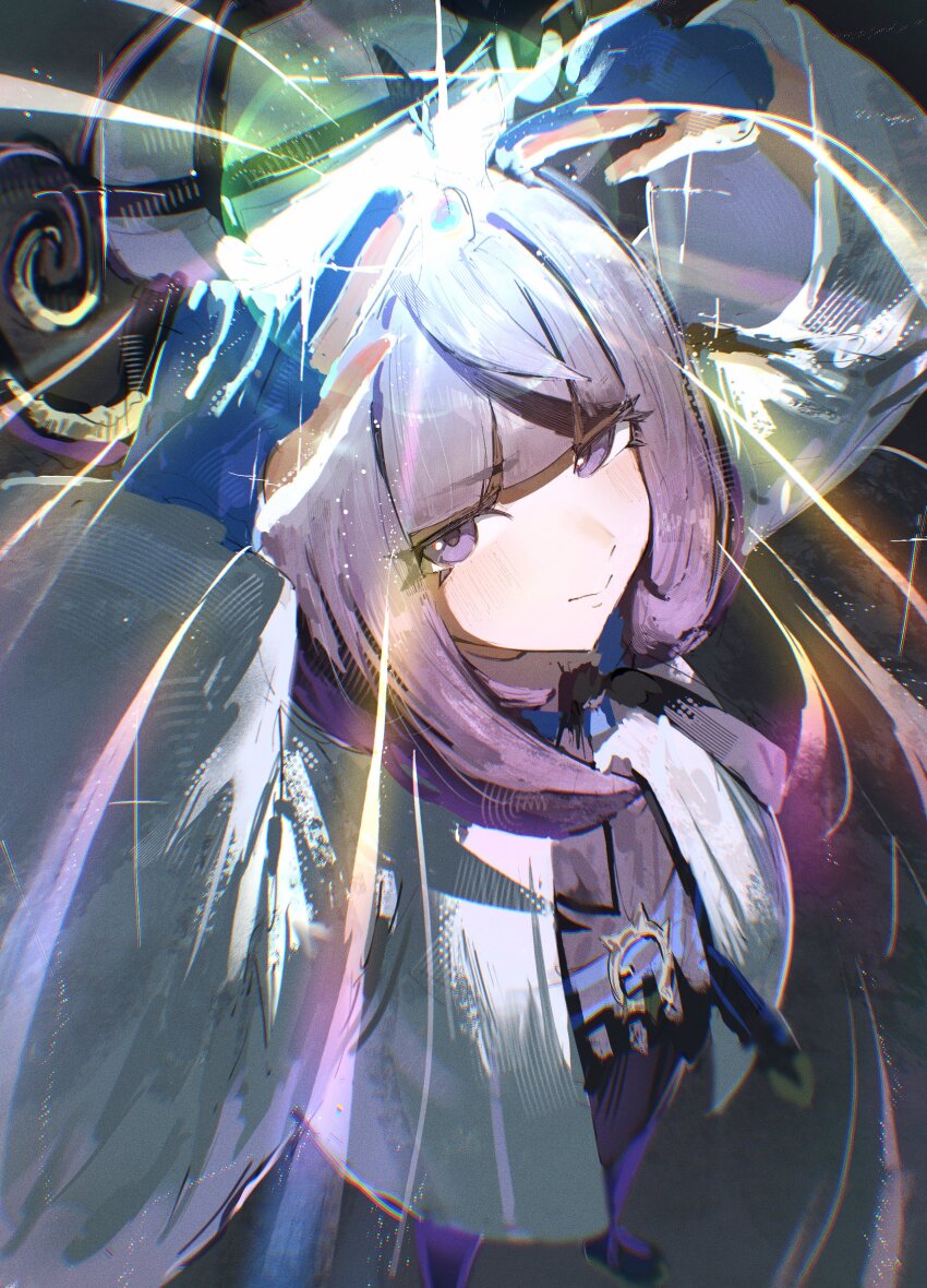 1girl absurdres black_dress black_hair blue_gloves blunt_bangs bob_cut closed_mouth coat dress gloves gradient_hair gwynn_(pokemon) hat highres kouchanthree long_sleeves looking_at_viewer mega_stone multicolored_hair nintendo open_clothes open_coat partially_fingerless_gloves pokemon pokemon_legends:_z-a purple_eyes purple_hair short_hair solo upper_body white_coat