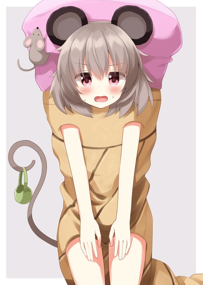 1girl animal_ears bag blush border commentary_request cowboy_shot food food_costume grey_background grey_hair highres holding holding_bag ice_cream looking_at_viewer mouse_(animal) mouse_ears mouse_girl mouse_tail nazrin open_mouth outside_border pink_eyes prehensile_tail ruu_(tksymkw) short_hair simple_background solo sweat tail touhou white_border