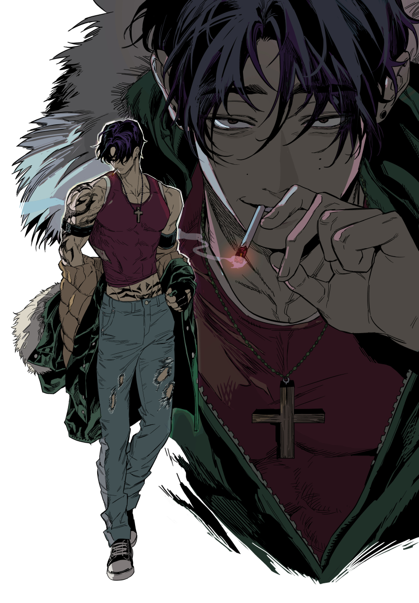 1boy absurdres arm_tattoo black_eyes black_hair black_hat black_shoes cigarette cross cross_necklace denim dogho31 full_body fur_trim green_jacket hair_between_eyes half-closed_eyes hand_up hat highres jacket jeans jewelry looking_at_viewer male_focus multiple_views muscular necklace original pants red_shirt shirt shoes short_hair simple_background sleeveless sleeveless_shirt smile smoking solo tattoo torn_clothes torn_jeans torn_pants unworn_jacket upper_body white_background