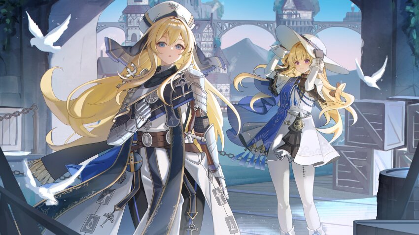 2girls bird black_bow black_collar black_gloves blonde_hair blue_eyes blue_sash bow collar commentary commission crossover english_commentary gauntlets gloves hair_bow hat highres long_hair long_sleeves look-alike multiple_girls outdoors pantyhose phoebe_(wuthering_waves) project_kastel purple_eyes sash shirt skirt tacet_mark_(wuthering_waves) venn_(vebonbon) white_bird white_hat white_pantyhose white_shirt white_skirt wuthering_waves