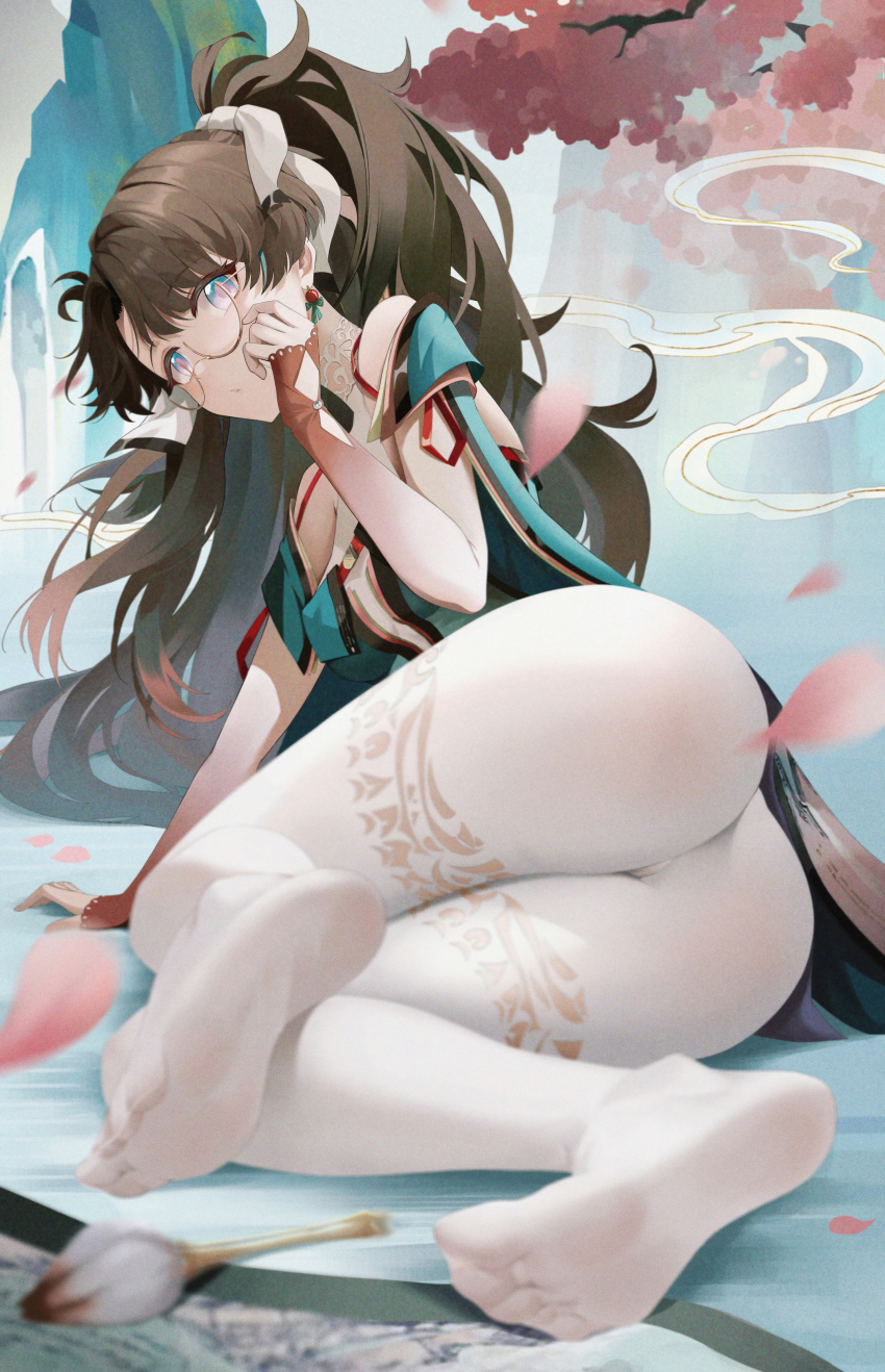 1girl absurdres aqua_eyes ass bare_shoulders brown_hair cliff commentary_request douya_(yaomiaomiao) dress falling_petals from_behind glasses highres long_hair looking_at_viewer pantyhose petals pink_petals semi-rimless_eyewear soles solo thighhighs two_side_up white_pantyhose white_thighhighs wuthering_waves zhezhi_(wuthering_waves)