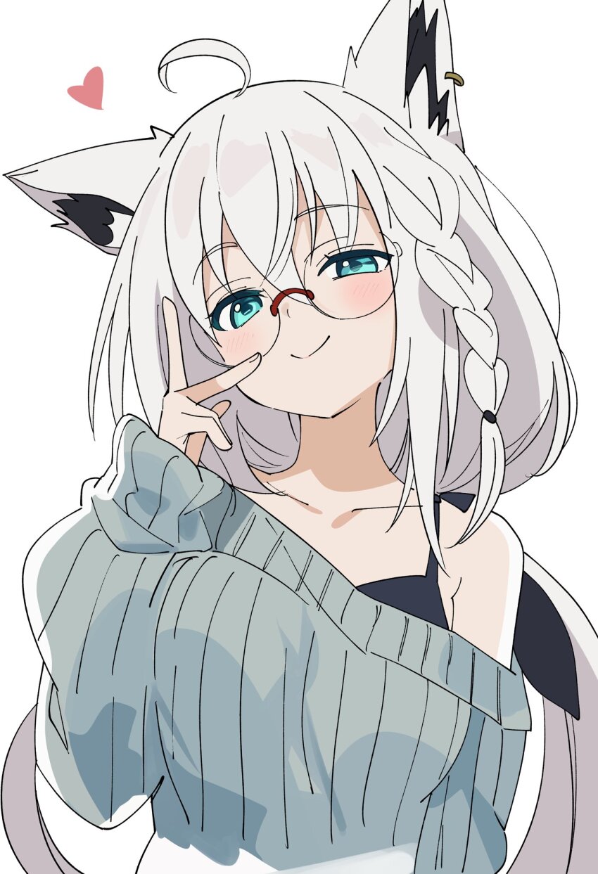 1girl ahoge alternate_costume animal_ear_fluff animal_ears aqua_eyes bespectacled black_bra blue_sweater blush bra braid breasts closed_mouth collarbone fox_ears fox_girl glasses hand_up highres hololive hutaba_haru long_hair long_sleeves low_twintails medium_breasts off-shoulder_sweater off_shoulder puffy_long_sleeves puffy_sleeves round_eyewear shirakami_fubuki side_braid sidelocks simple_background smile solo sweater twintails underwear upper_body virtual_youtuber white_background white_hair