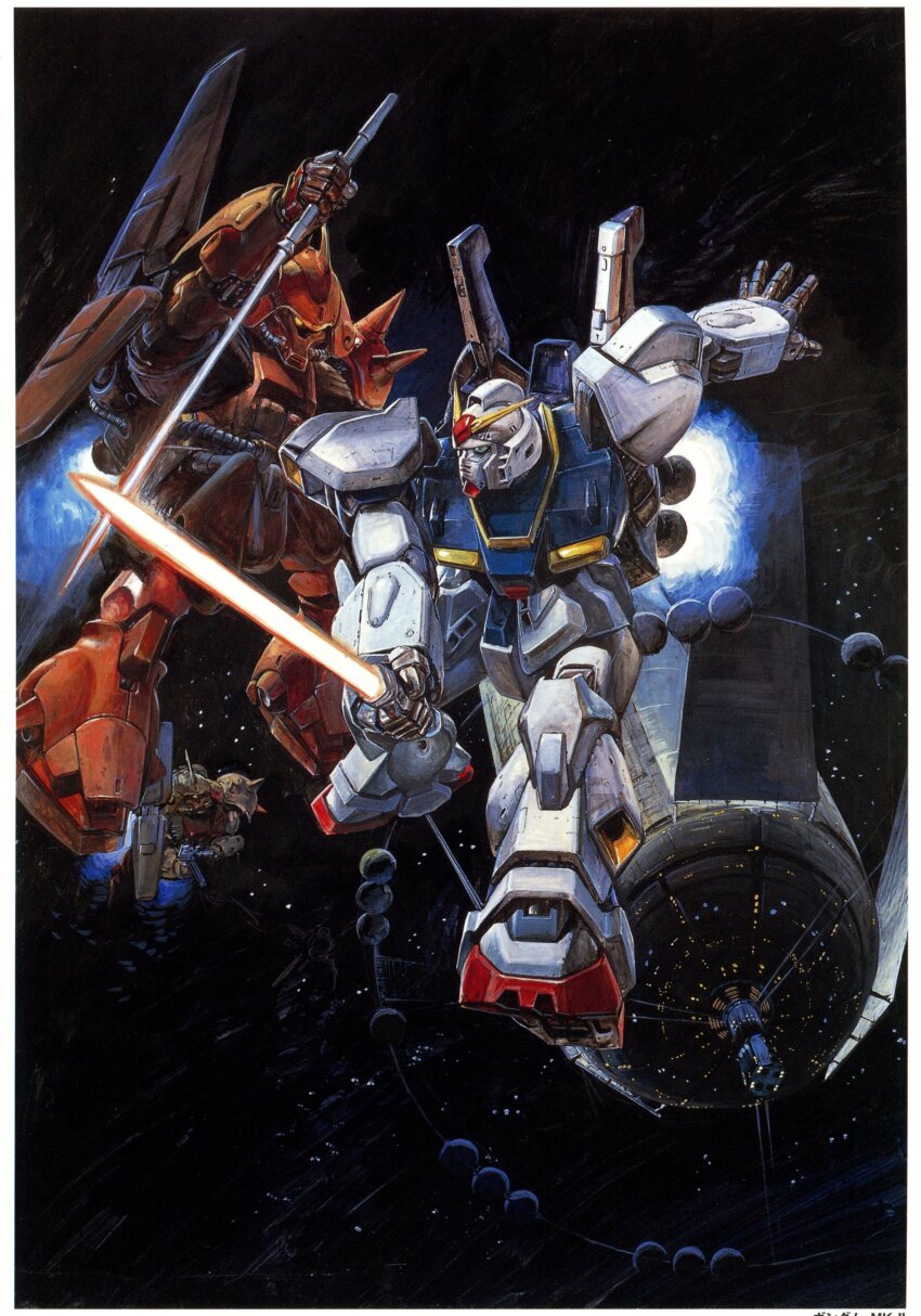 absurdres battle energy_sword gundam gundam_mk_ii highres marasai no_humans official_art space space_habitat spacecraft takani_yoshiyuki v-fin zeta_gundam