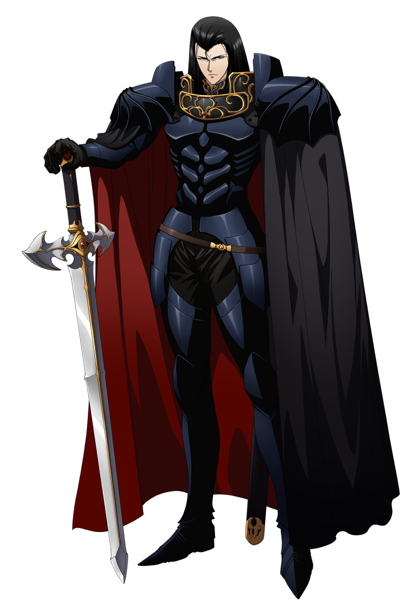 1boy armor ashram_(lodoss) black_armor black_hair cap full_body highres langrisser official_art record_of_lodoss_war sword weapon