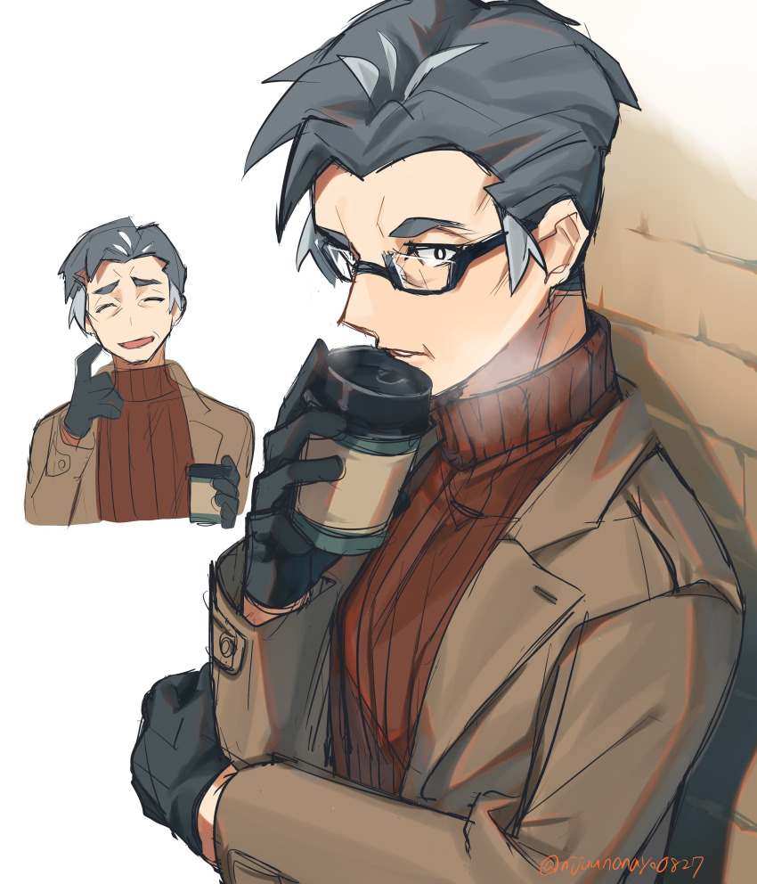 1boy :d absurdres black-framed_eyewear black_gloves brick_wall brown_sweater closed_eyes cropped_torso cup disposable_coffee_cup disposable_cup glasses gloves grey_hair highres holding holding_cup kabu_(pokemon) long_sleeves looking_at_viewer male_focus multicolored_hair multiple_views ninahachi nintendo open_mouth parted_lips pokemon pokemon_swsh ribbed_sweater semi-rimless_eyewear simple_background smile streaked_hair sweater turtleneck turtleneck_sweater twitter_username under-rim_eyewear upper_body white_background