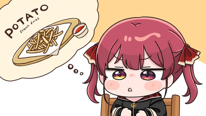 1girl black_jacket blush_stickers brown_background brown_eyes chair chibi english_text food french_fries hair_ribbon heterochromia hololive houshou_marine houshou_marine_(summer) jacket mochimiko official_alternate_costume on_chair parted_lips red_eyes red_hair red_ribbon ribbon sitting solo spoken_food twintails two-tone_background upper_body virtual_youtuber white_background
