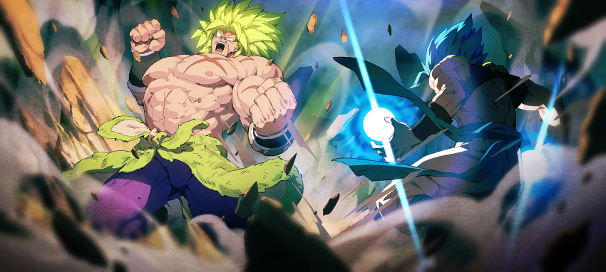 2boys abs battle black_vest blue_hair broly_(dragon_ball_super) chyko dragon_ball dragon_ball_super dragon_ball_super_broly energy_ball fighting_stance gogeta green_hair highres large_pectorals male_focus metamoran_vest multiple_boys muscular muscular_male navel nipples no_pupils open_mouth pants pectorals purple_pants scar scar_on_chest short_hair vest wristband