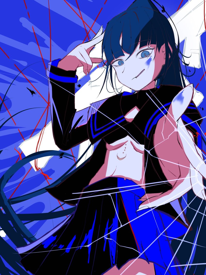 1girl ado_(utaite) bikini black_bikini black_shirt black_skirt blue_hair breasts commentary hand_up highres long_hair long_sleeves medium_breasts megu_(9abgoluanvcjd7o) naima_(ado) navel paint_splatter pleated_skirt ponytail shirt skirt solo swimsuit underboob usseewa very_long_hair