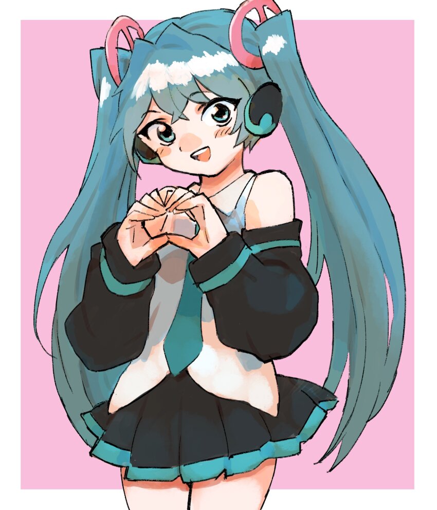 1girl :d black_skirt black_sleeves blue_eyes blue_hair blue_necktie collared_shirt cowboy_shot crossed_bangs detached_sleeves gan2 hands_up hatsune_miku headphones highres legs_together long_hair miniskirt necktie open_mouth pleated_skirt shirt skirt smile solo standing teeth twintails upper_teeth_only very_long_hair vocaloid white_shirt