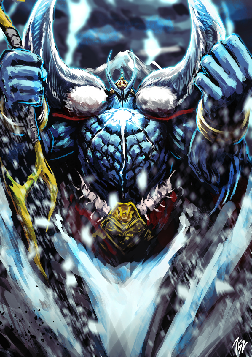 152_in_can 1boy absurdres belt bracelet cape clenched_hands crown fate/grand_order fate_(series) highres holding horns ivan_the_terrible_(fate) jewelry male_focus mountainous_horizon signature snow staff storm