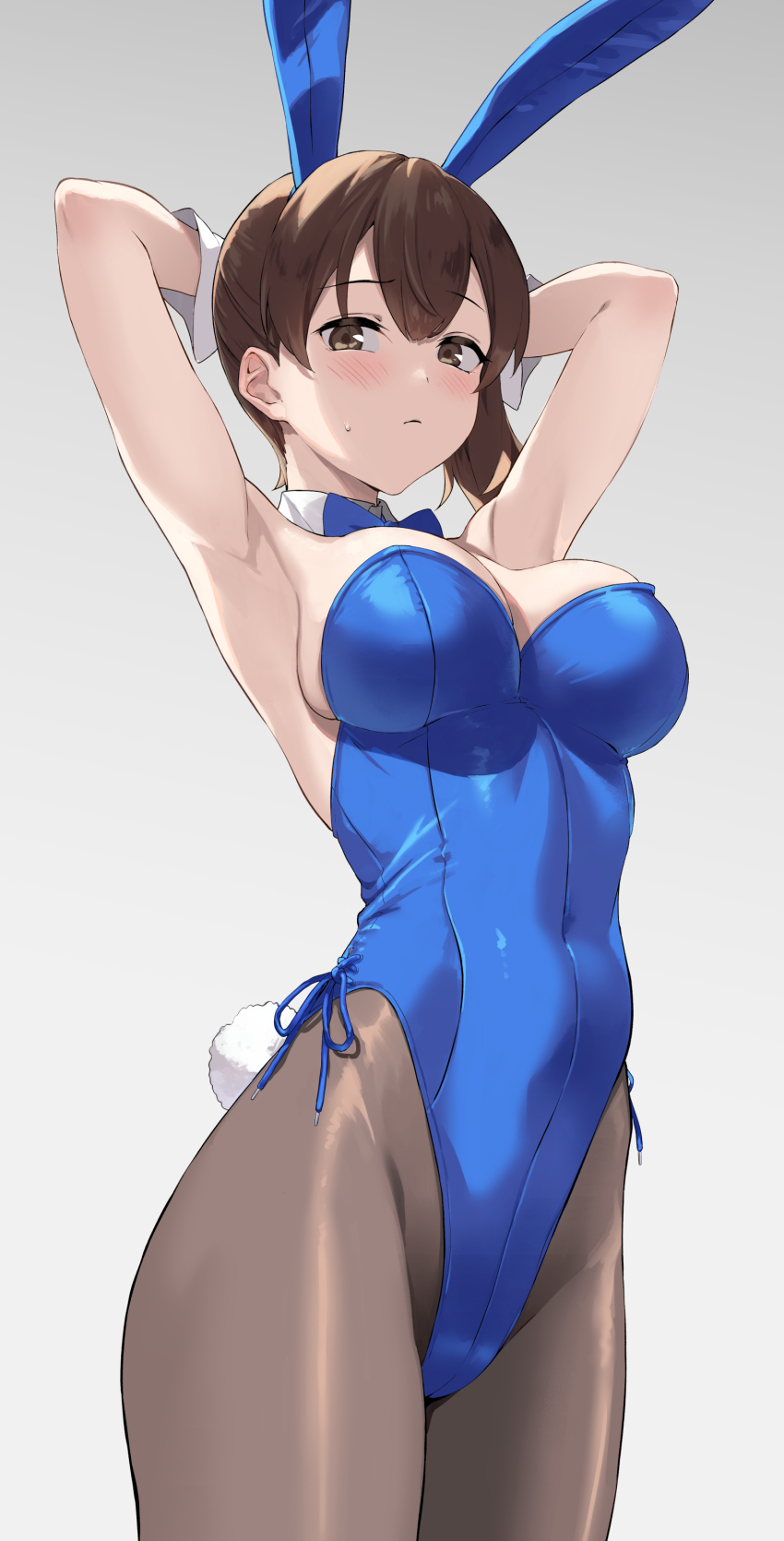 1girl absurdres animal_ears armpits arms_behind_head arms_up black_pantyhose blue_bow blue_bowtie blue_leotard blush bow bowtie breasts brown_eyes brown_hair bunny_day cleavage commentary_request detached_collar fake_animal_ears fake_tail gradient_background highres kaga_(kancolle) kantai_collection large_breasts leotard looking_at_viewer pantyhose playboy_bunny prime_(prime_tw) rabbit_ears rabbit_tail side_ponytail simple_background strapless strapless_leotard sweat sweatdrop tail wrist_cuffs