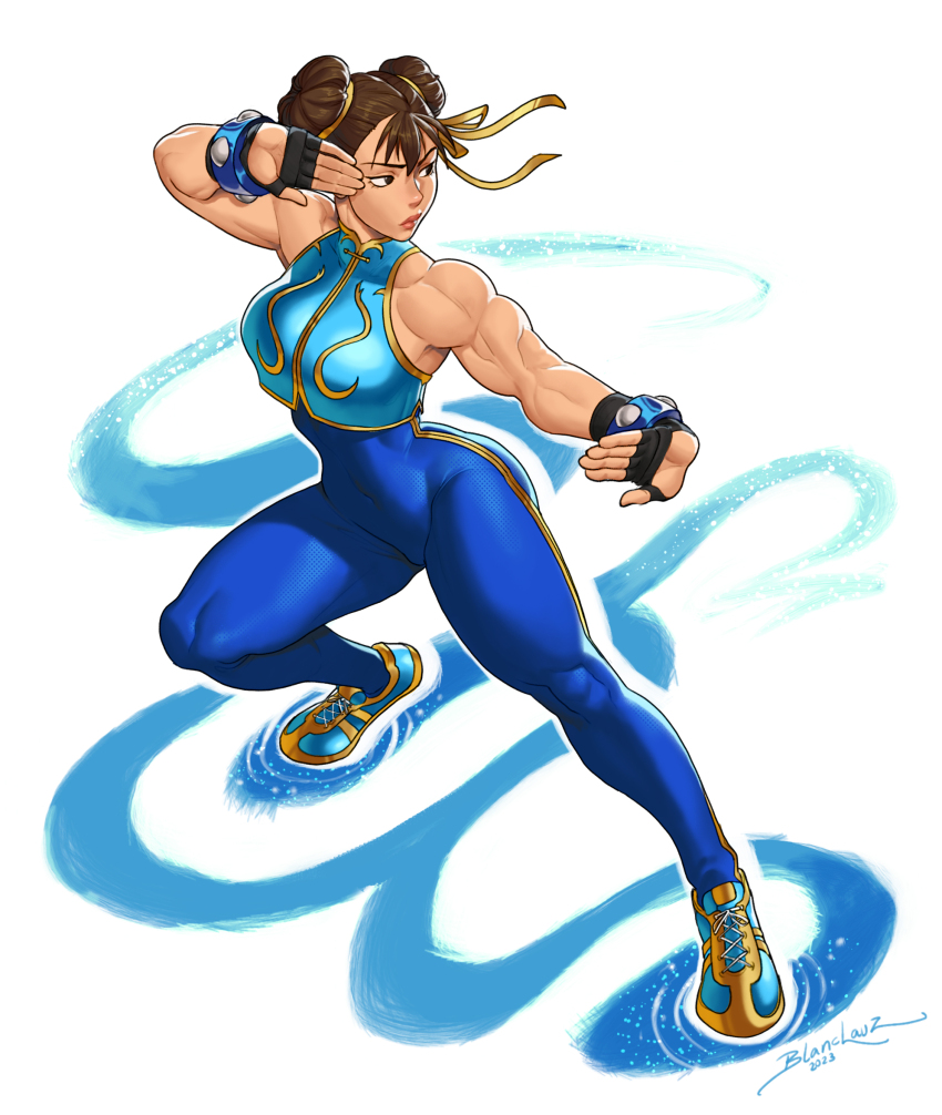 1girl aqua_vest biceps black_gloves blanclauz blue_bodysuit blue_shoes bodysuit bracelet breasts brown_hair capcom chun-li commentary deltoids double_bun english_commentary fighting_stance fingerless_gloves full_body gloves hair_bun hair_ribbon highres jewelry kung_fu lips medium_breasts mma_gloves multicolored_shoes muscular muscular_female ribbon serious shoes short_hair sleeveless sneakers solo street_fighter street_fighter_zero_(series) studded_bracelet triceps yellow_shoes