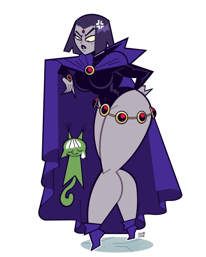 1girl absurdres alvaro_gonzalez anger_vein ass bare_hips beast_boy_(dc) belt black_leotard black_lips boots breasts brooch cat cloak closed_mouth colored_skin comedic_sweatdrop couple covered_navel curvy dc_comics forehead_jewel full_body gem green_skin grey_skin groin hand_on_own_ass hand_up hanging_on highres hood hood_down hooded_cloak impossible_clothes jewelry knees large_breasts legs leotard long_sleeves looking_at_another looking_down narrow_waist parted_lips purple_cloak purple_eyes purple_hair raven_(dc) red_gemstone shadow short_hair signature simple_background sleeved_leotard solo_focus standing thick_thighs thighs tiptoes toon_(style) transformation v-shaped_eyebrows white_background wide_hips