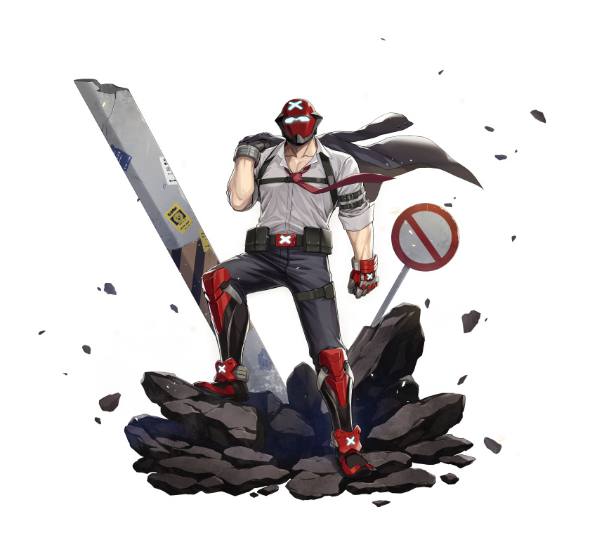 1boy absurdres alpha_transparency belt broken_ground collarbone counter:side helmet highres kim_chulsoo metal_gloves missing_poster necktie official_art pants sign solo transparent_background utility_belt utility_pole veins veiny_arms
