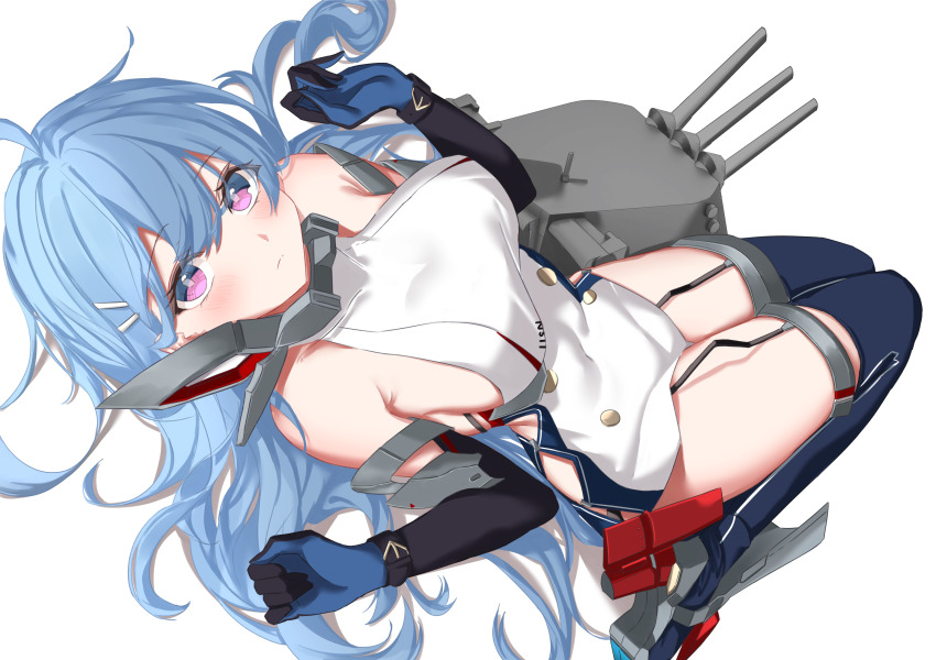 1girl ahoge azur_lane bare_shoulders black_gloves blue_hair blue_thighhighs breasts closed_mouth clothing_cutout commission dress elbow_gloves garter_straps gloves hands_up helena_(azur_lane) helena_(retrofit)_(azur_lane) highres large_breasts long_hair looking_at_viewer lying on_back pink_eyes pixiv_commission retrofit_(azur_lane) ship_turret short_dress side_cutout sleeveless sleeveless_dress solo thighhighs thighs vayneeeee very_long_hair white_dress