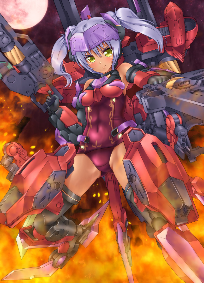 1girl absurdres bare_shoulders blush breasts dark-skinned_female dark_skin derivative_work fire frame_arms_girl green_eyes grey_hair gun headgear highres hresvelgr_rufus looking_at_viewer mecha_musume medium_breasts oooqqq redrawn school_swimsuit smile solo swimsuit thighhighs twintails weapon