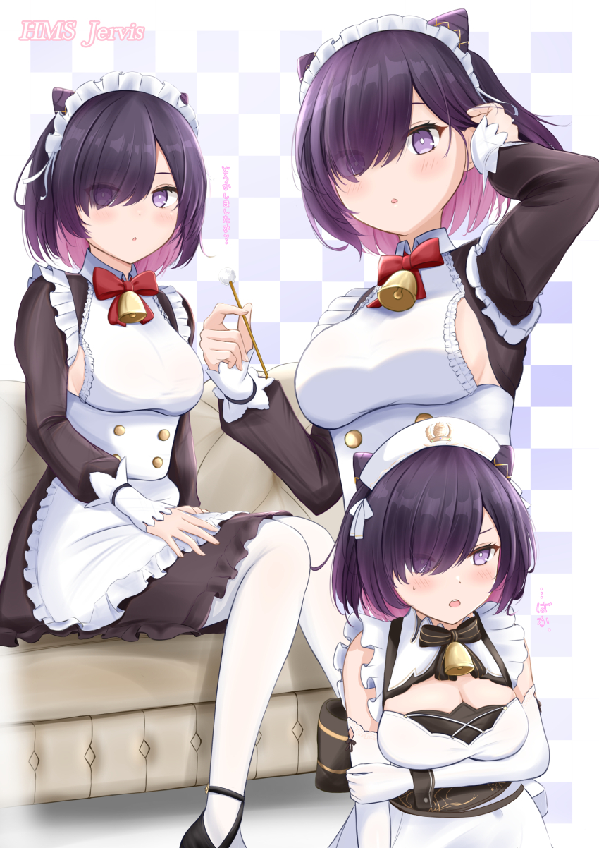 1girl absurdres azur_lane bell breasts character_name cleavage cone_hair_bun cotton_swab double_bun elbow_gloves eyes_visible_through_hair gloves hair_bun hair_over_one_eye hat highres holding_cotton_swab holding_mimikaki jervis_(azur_lane) jervis_(fluttering_in_the_fair_breeze)_(azur_lane) long_sleeves looking_at_viewer maid maid_headdress medium_breasts mimikaki multiple_views neck_bell nurse_cap official_alternate_costume paashe pantyhose purple_eyes purple_hair royal_navy_emblem_(azur_lane) short_hair sideboob sitting sweatdrop translation_request white_gloves white_pantyhose