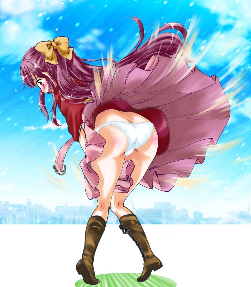 1girl ass blue_sky blush boots bow brown_boots butt_crack cloud commission from_behind full_body hair_bow hakama hakama_hold hakama_skirt highres japanese_clothes kamikaze_(kancolle) kantai_collection kimono kneepits lace-up_boots looking_at_viewer looking_back meiji_schoolgirl_uniform nose_blush panties pantyshot pixiv_commission purple_eyes purple_hair red_kimono skirt sky solo tachibana_hiroki tasuki underwear white_panties wind wind_lift yellow_bow