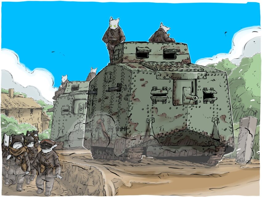 6+boys a7v_(tank) building cannon caterpillar_tracks dust_cloud gun highres holster holstered house machine_gun maxim_gun military_uniform military_vehicle motor_vehicle multiple_boys on_tank original sitting standing tank vehicle_focus weapon yabarn