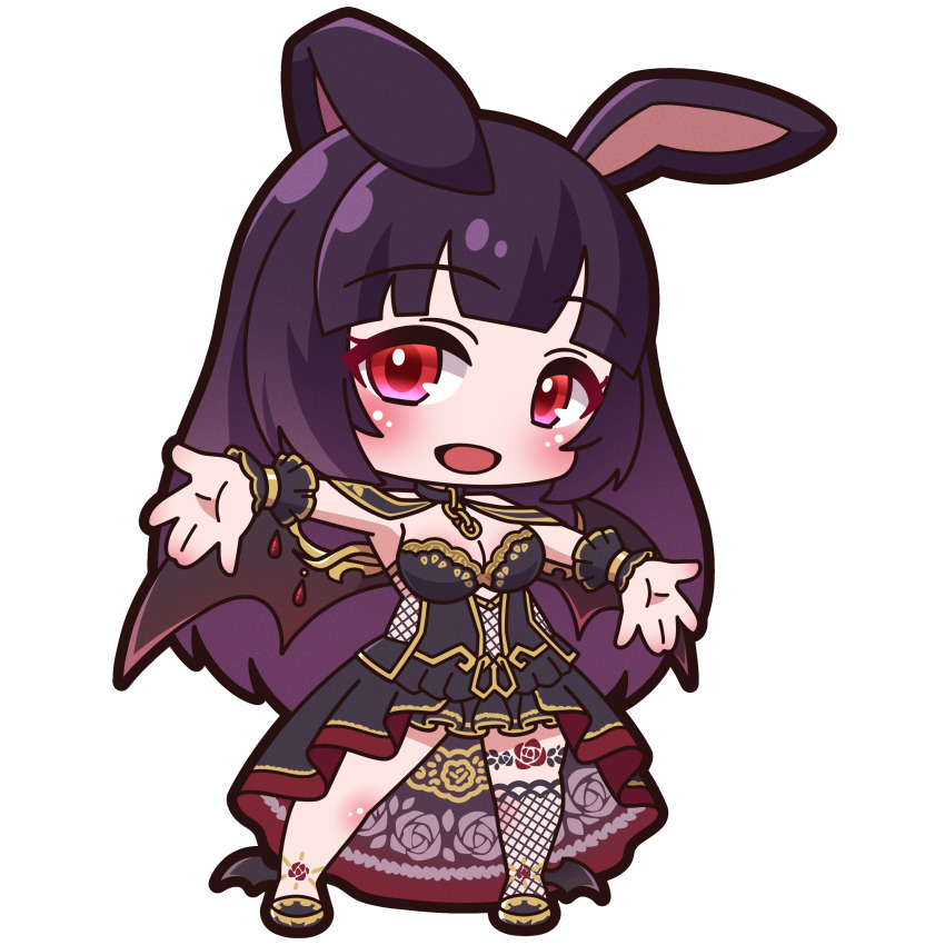 1girl :d absurdres animal_ears black_dress black_hair black_shoes black_wings blush bosuke_(vtuber) breasts chibi cleavage dress fishnet_thighhighs fishnets full_body gradient_hair highres indie_virtual_youtuber long_hair looking_at_viewer medium_breasts multicolored_hair open_mouth outstretched_arms purple_hair rabbit_ears red_eyes saishosaisekojo shoes single_thighhigh smile solo standing strapless strapless_dress thighhighs transparent_background very_long_hair virtual_youtuber wings wrist_cuffs