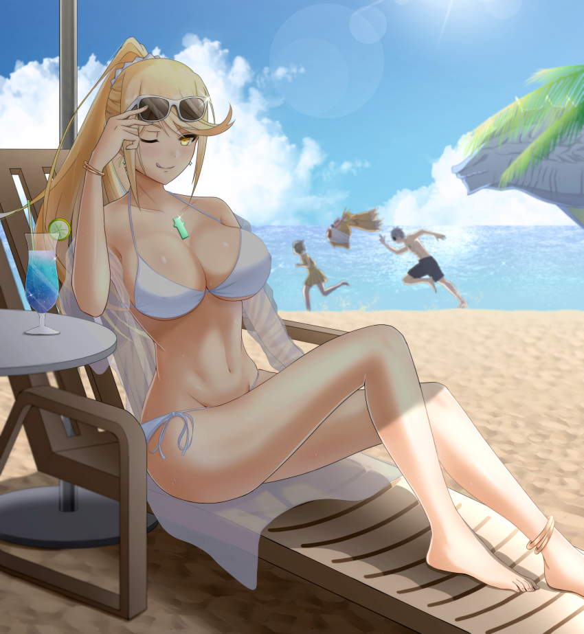 1girl absurdres adjusting_eyewear alternate_costume arm_up barefoot beach bikini blonde_hair blush breasts chair cleavage cloud commentary_request covered_erect_nipples cup earrings food fruit glowing highres jewelry juice large_breasts lemon long_hair looking_at_viewer mebi_il mythra_(xenoblade) navel nia_(fancy_sundress)_(xenoblade) nia_(xenoblade) ocean one_eye_closed ponytail sand shadow shiny_skin sitting sky sunglasses swept_bangs swimsuit table tongue tongue_out tora_(best_girl_fan)_(xenoblade_2) tora_(xenoblade_2) umbrella water wet white_bikini xenoblade_chronicles_(series) xenoblade_chronicles_1 xenoblade_chronicles_2 yellow_eyes zeke_von_genbu_(xenoblade)