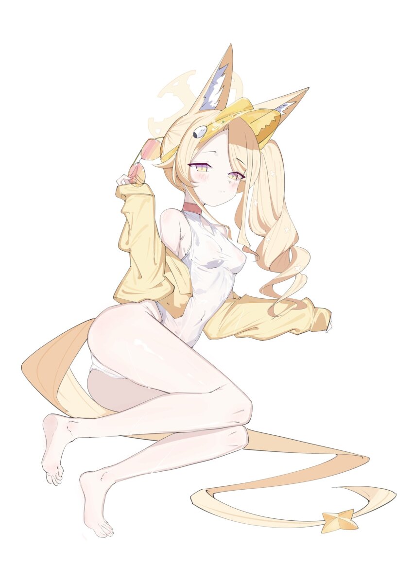 1girl animal_ear_fluff animal_ears bird blue_archive blush breasts closed_mouth clothing_cutout covered_navel cross_halo diamond_cutout feet fox_ears fox_girl fox_tail gradient_eyes halo highleg highleg_one-piece_swimsuit highres holding holding_removed_eyewear jacket loli long-tailed_tit long_hair long_sleeves looking_at_viewer lvbing lying multicolored_eyes off_shoulder official_alternate_hairstyle on_side one-piece_swimsuit open_clothes open_jacket orange-tinted_eyewear seia_(blue_archive) seia_(swimsuit)_(blue_archive) side_ponytail simple_background sleeves_past_wrists small_breasts soles solo split_mouth star_ornament sunglasses swimsuit tail tail_ornament thighs tinted_eyewear tit_(bird) toes unworn_eyewear very_long_hair very_long_tail visor_cap wet white_background white_one-piece_swimsuit yellow_halo yellow_jacket yellow_visor