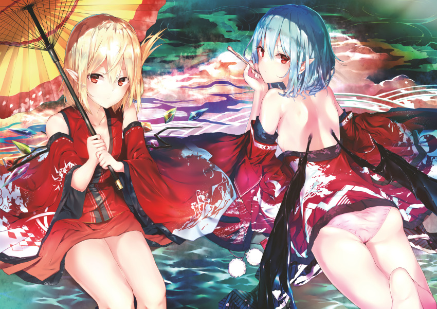 2girls absurdres alternate_costume ass back bare_shoulders bat_wings black_wings blonde_hair blue_hair breasts closed_mouth detached_sleeves flandre_scarlet folded_hair highres holding holding_smoking_pipe holding_umbrella japanese_clothes kimono looking_at_viewer looking_back lying medium_breasts multiple_girls oil-paper_umbrella on_stomach panties pink_panties pointy_ears red_eyes red_kimono remilia_scarlet sakusyo scapular shoulder_blades siblings sisters sitting smoking_pipe third-party_source touhou umbrella underwear wings