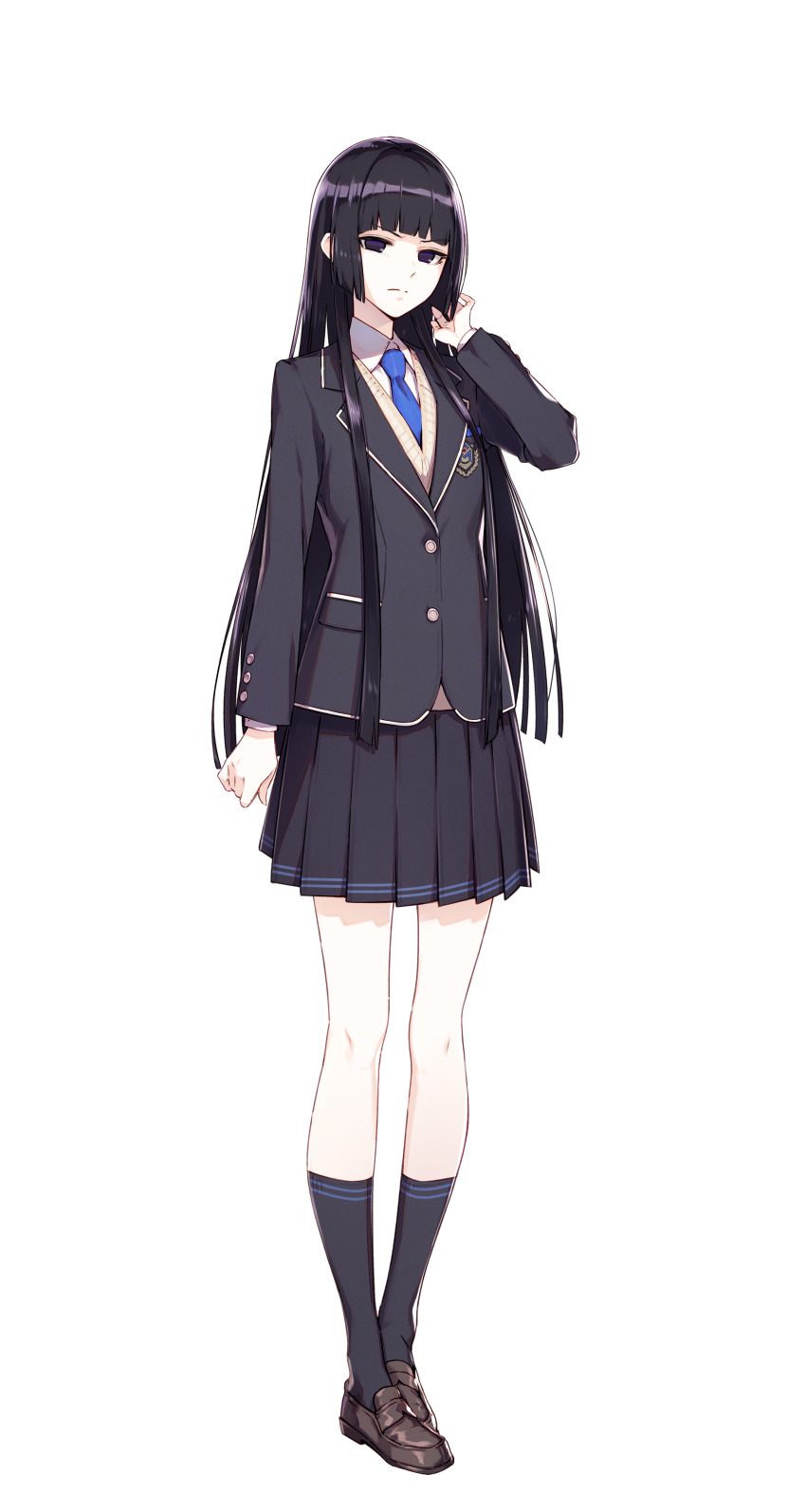 1girl absurdres ankle_socks black_eyes black_hair black_jacket black_skirt black_socks blazer blue_necktie blunt_bangs blunt_ends brown_shoes buttons closed_mouth collared_shirt corpse_party corpse_party_ii_darkness_distortion frown full_body hair_intakes highres hitsugi_maria jacket loafers long_hair long_sleeves looking_at_viewer necktie official_art school_emblem school_uniform shirt shoes sidelocks simple_background skirt socks solo standing sweater tachi-e transparent_background v-shaped_eyebrows white_shirt
