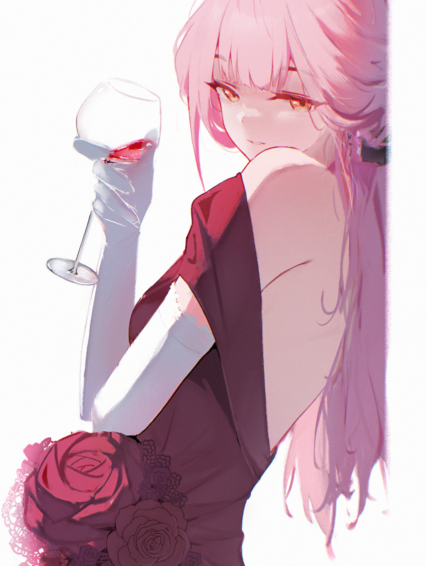 1girl absurdres alcohol aru_(blue_archive) aru_(dress)_(blue_archive) bare_shoulders blue_archive closed_mouth cup dress drinking_glass elbow_gloves flower from_side gloves highres holding holding_cup long_hair looking_at_viewer luoboji official_alternate_costume parted_lips pink_hair red_dress red_flower red_rose rose sidelocks smile solo white_gloves wine wine_glass yellow_eyes