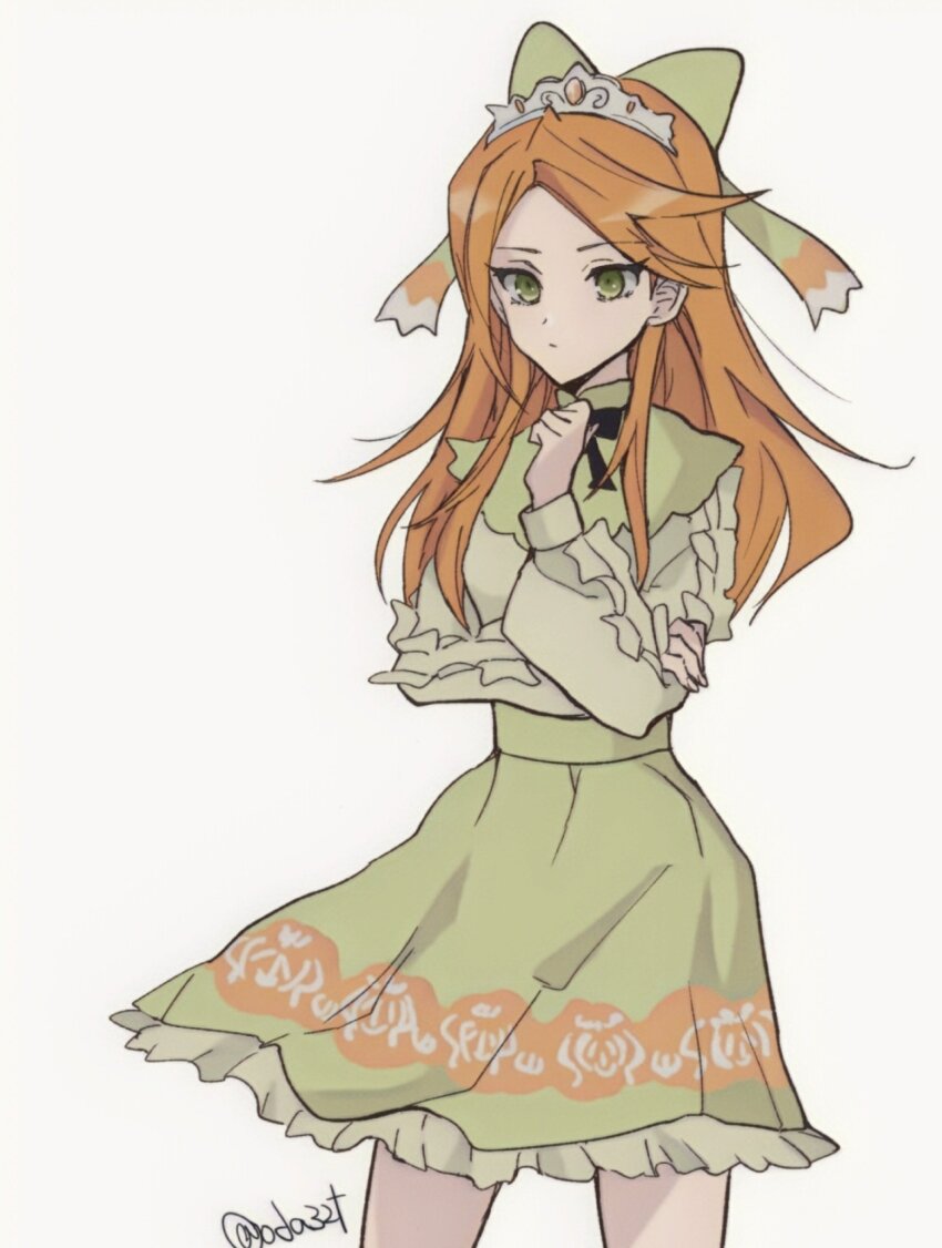 1girl black_bow black_bowtie bow bowtie etie_(fire_emblem) fire_emblem fire_emblem_engage green_bow green_eyes green_shirt highres nintendo oda32t orange_hair shirt swept_bangs tiara yellow_gemstone