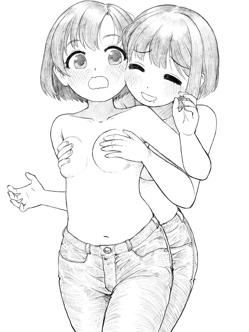 2girls :d :o bare_shoulders blush bob_cut breasts closed_eyes collarbone cowboy_shot denim dot_nose drooling from_behind grabbing_another&#039;s_breast grabbing_from_behind groping highres idolmaster idolmaster_cinderella_girls jeans lineart looking_at_another medium_breasts monochrome multiple_girls navel open_mouth pants shiragiku_hotaru short_hair sidelocks smile standing swept_bangs takafuji_kako topless_female wavy_mouth yuri yuzu-p