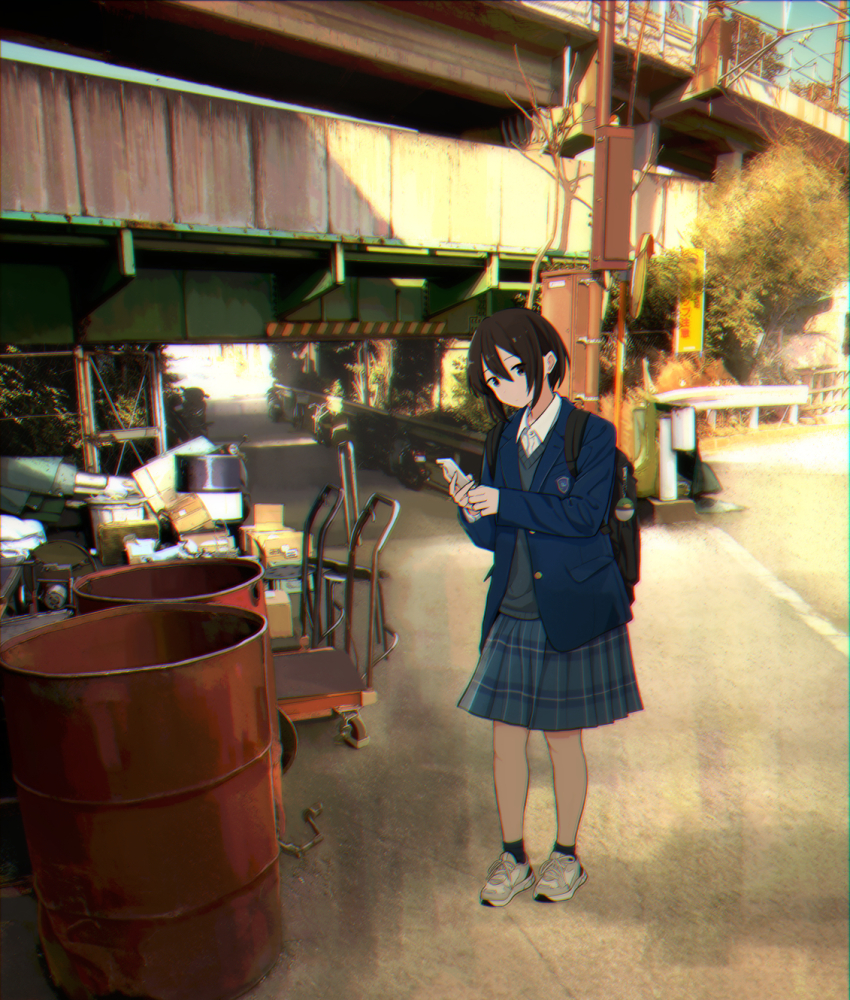 1girl backpack bag black_eyes black_hair black_socks blazer blue_jacket blue_skirt box cardboard_box commentary_request drum_(container) grey_vest guard_rail highres jacket looking_at_viewer motor_vehicle motorcycle original outdoors plaid_clothes plaid_skirt platform_truck sakeharasu school_uniform shirt shoes skirt sneakers socks solo standing sunset sweater_vest traffic_mirror utility_pole vest white_shirt white_shoes
