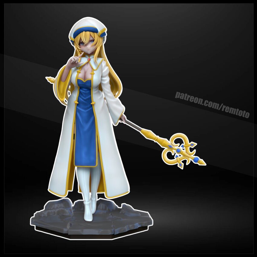 1girl 3d absurdres alternate_breast_size artist_name black_background blonde_hair blue_dress blue_eyes blush boots breasts capelet cleavage dress figure finger_to_mouth full_body goblin_slayer! hair_between_eyes hat highres holding holding_staff large_breasts long_hair looking_at_viewer open_mouth priestess_(goblin_slayer!) remtoto robe silhouette simple_background solo staff thigh_boots white_boots white_capelet white_hat white_robe zbrush_(medium)