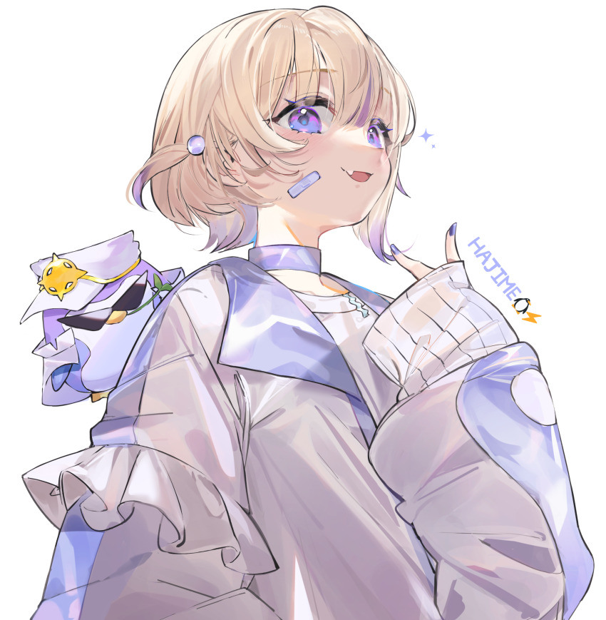 1girl bandaid bandaid_on_face banpen_(todoroki_hajime) blonde_hair character_name choker commentary firstep highres hololive hololive_dev_is jacket long_sleeves looking_at_viewer multicolored_hair nail_polish open_mouth purple_choker purple_eyes purple_hair purple_nails short_hair simple_background solo streaked_hair todoroki_hajime todoroki_hajime_(1st_costume) two_side_up v virtual_youtuber white_background white_jacket