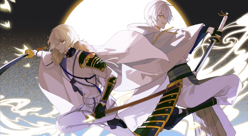2boys absurdres armor asymmetrical_gloves back-to-back belt bird black_footwear black_gloves blonde_hair cape chain cloak foot_out_of_frame full_moon fur-trimmed_cape fur_trim gloves grey_pants grey_sash hair_between_eyes hair_over_one_eye hakama hakama_pants higekiri_(touken_ranbu) highres holding holding_sheath holding_sword holding_weapon hood hooded_cloak jacket japanese_armor japanese_clothes katana kimono kote kurokote kusazuri long_sleeves looking_at_viewer male_focus medium_hair mismatched_gloves mohexi459 moon mullet multiple_boys obi obijime okobo outstretched_arm pants parted_lips partially_fingerless_gloves platform_sandals profile sandals sash saya_(scabbard) sheath short_hair shoulder_armor side_cape sideways_glance smile smoke socks sode standing standing_on_one_leg suneate swallow_(bird) sword tabi tachi_(weapon) touken_ranbu tsurumaru_kuninaga two-tone_pants unsheathing weapon white_belt white_cape white_cloak white_gloves white_hair white_jacket white_kimono white_pants white_socks wide_sleeves yellow_eyes