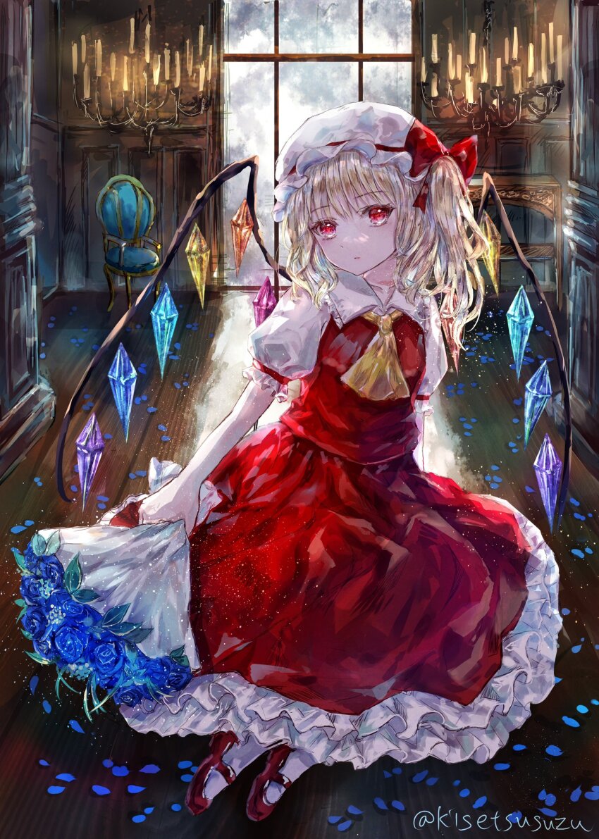 1girl backlighting blonde_hair candle crystal duplicate flandre_scarlet full_body hat highres indoors looking_at_viewer medium_hair mob_cap red_skirt red_vest reflective_floor sitting skirt skirt_set solo suzushina touhou vest window wings yokozuwari