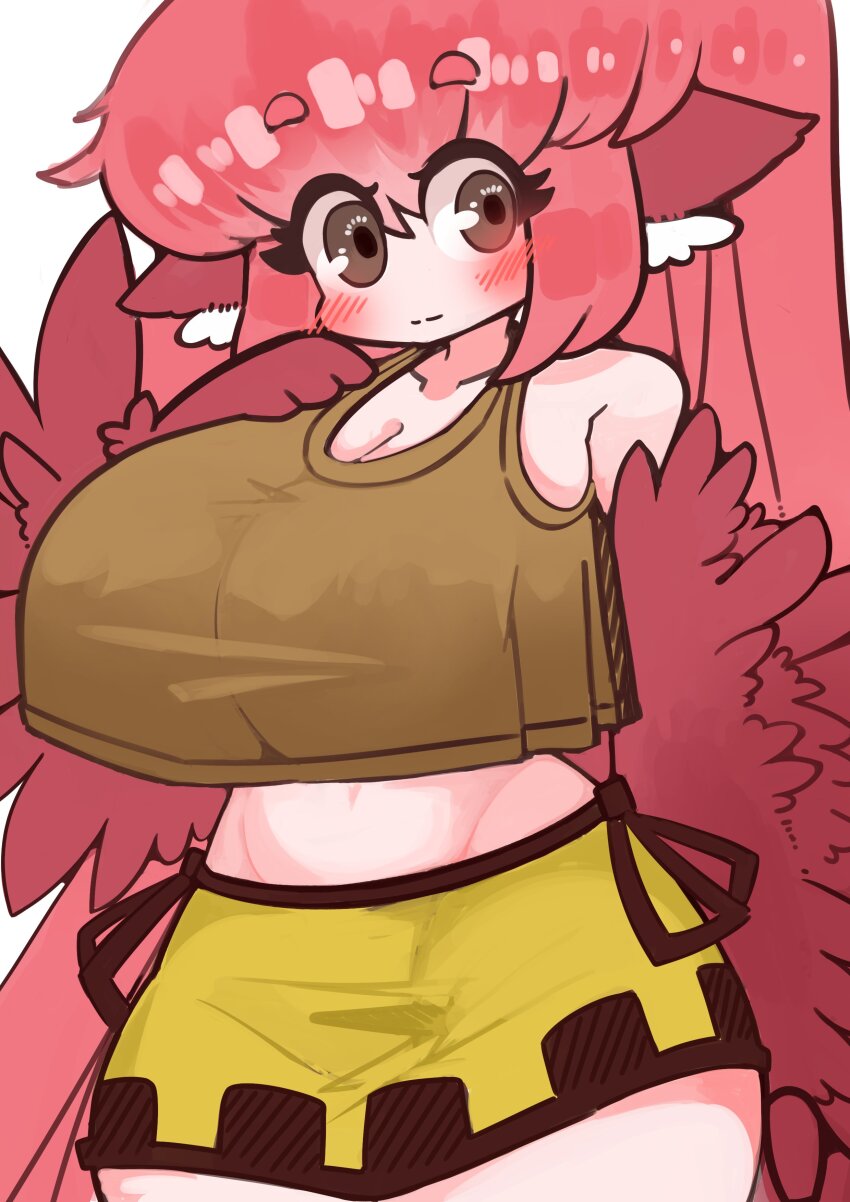 1girl absurdres animal_ears bird_ears blush breasts brown_eyes brown_tank_top cleavage coco_(eogks) commentary feathers harpy highres huge_breasts long_hair looking_at_viewer midriff monster_girl navel nn_(eogks) original red_feathers red_hair red_wings simple_background skirt solo symbol-only_commentary tank_top very_long_hair white_background winged_arms wings yellow_skirt