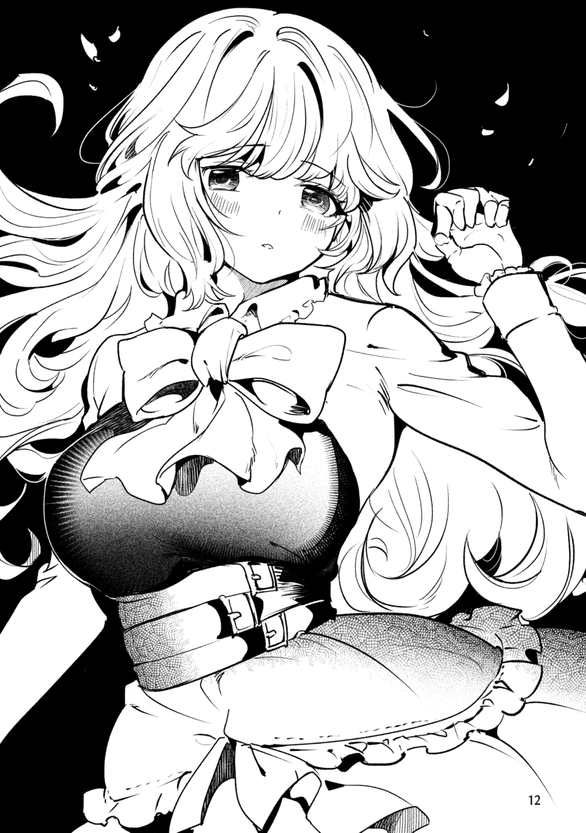 1girl black_background blush bow breasts collared_shirt doll_joints frilled_shirt_collar frilled_skirt frilled_sleeves frills greyscale highres joints large_breasts long_hair long_sleeves looking_at_viewer monochrome original parted_lips ruri_rarako shirt simple_background skirt solo very_long_hair